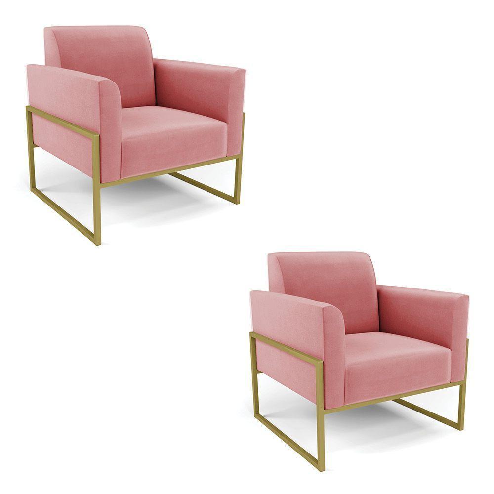 Kit 2 Poltronas Base Industrial Alta Dourado Marisa Suede D03 - D\'rossi Cor Rose - 1