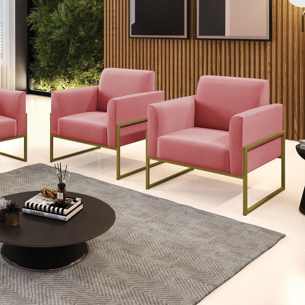 Kit 2 Poltronas Base Industrial Alta Dourado Marisa Suede D03 - D\'rossi Cor Rose - 2