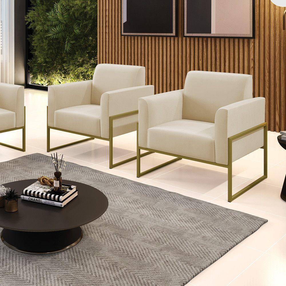 Kit 2 Poltronas Base Industrial Alta Dourado Marisa Suede D03 - D\'rossi Cor Bege - 2