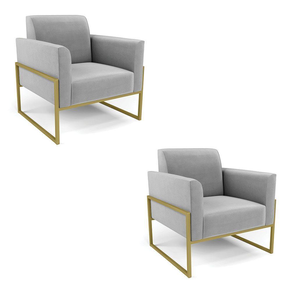 Kit 2 Poltronas Base Industrial Alta Dourado Marisa Suede D03 - D\'rossi Cor Cinza - 1