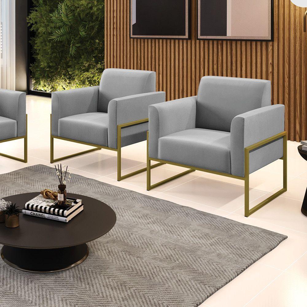 Kit 2 Poltronas Base Industrial Alta Dourado Marisa Suede D03 - D\'rossi Cor Cinza - 2