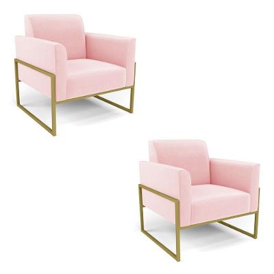 Kit 2 Poltronas Base Industrial Alta Dourado Marisa Suede D03 - D\'rossi Cor Rosa Bebê
