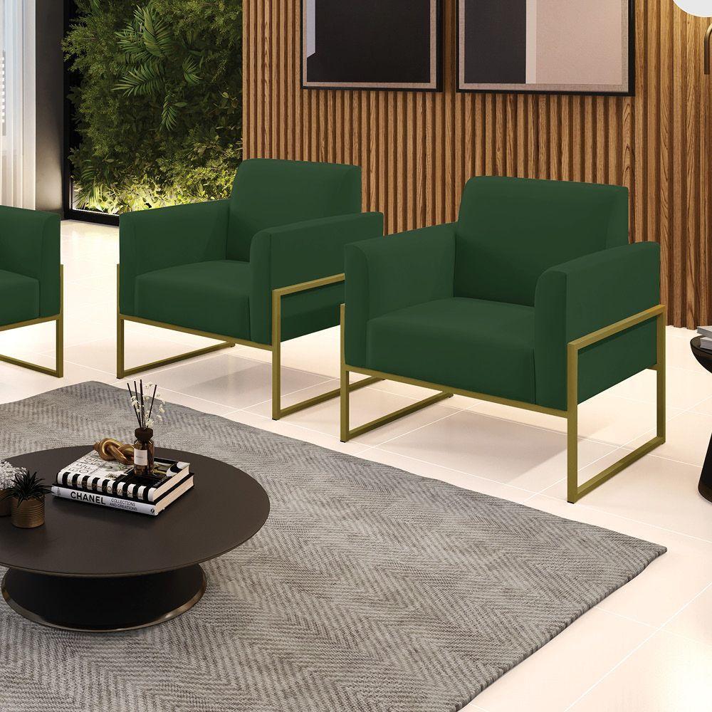 Kit 2 Poltronas Base Industrial Alta Dourado Marisa Veludo D03 - D\'rossi Cor Verde - 3