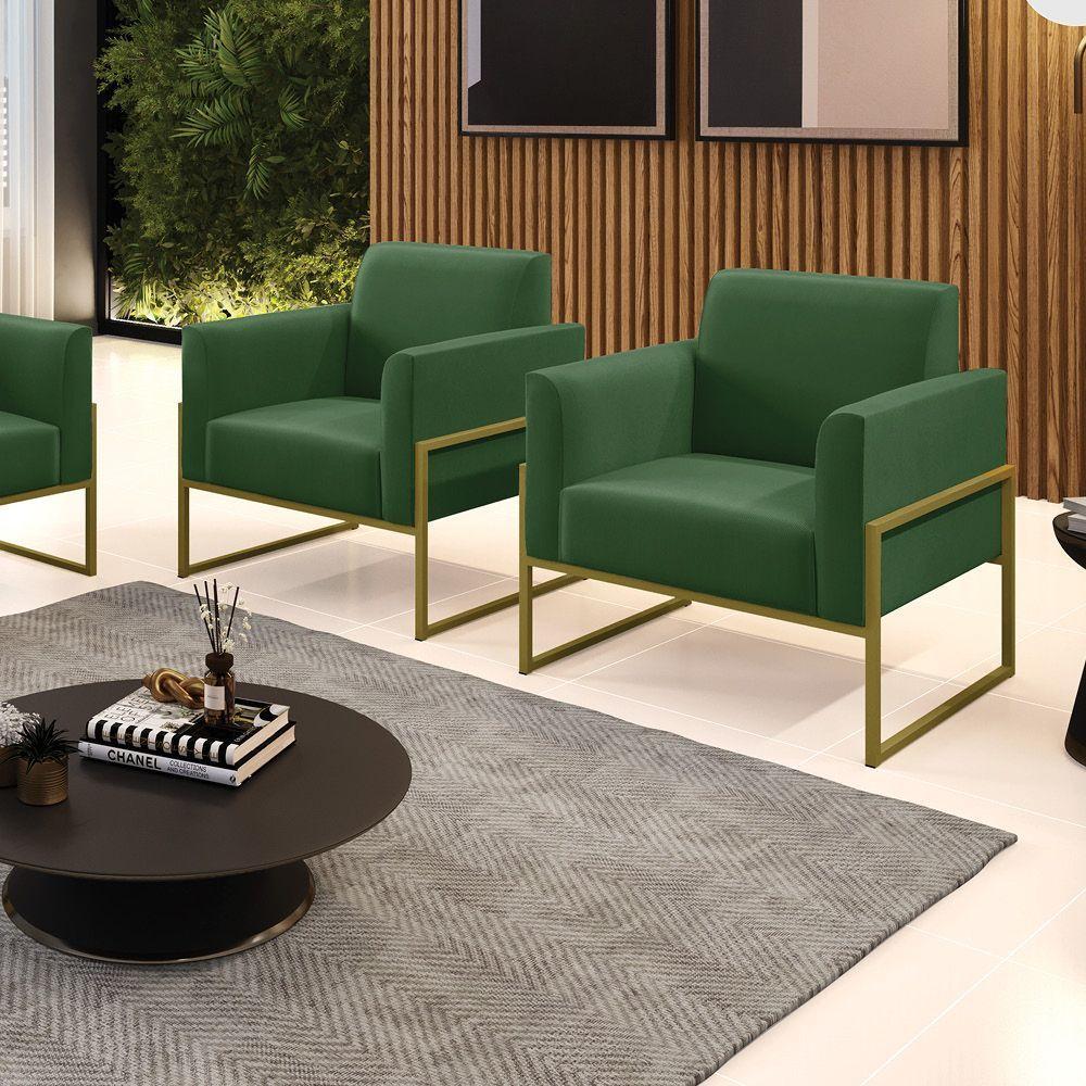 Kit 2 Poltronas Base Industrial Alta Dourado Marisa Suede D03 - D\'rossi Cor Verde - 7