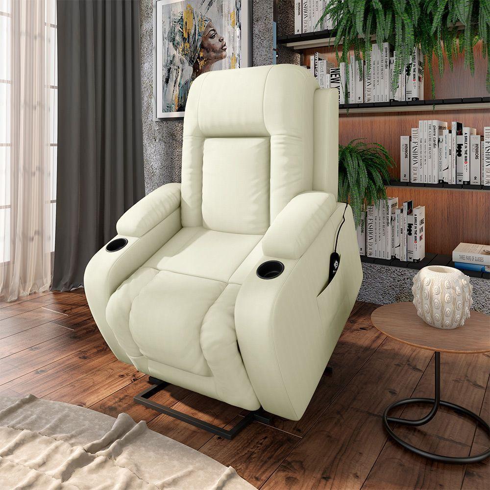Poltrona Do Papai Reclinável Massagem E Aquecimento Com Elevação Lift 150° 2 Porta Copos, Bege - 1
