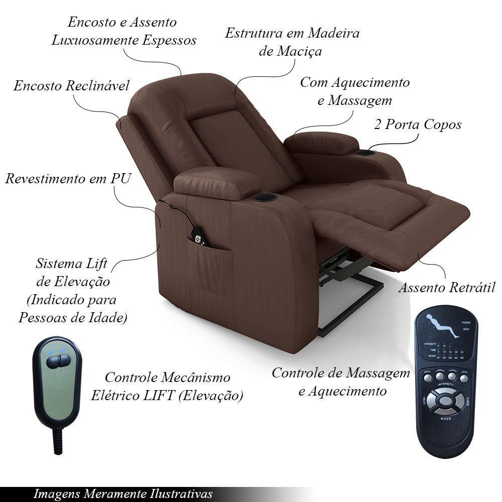 Poltrona Reclinável Massagem E Aquecimento Com Elevação Lift 150° 2 Porta Copos, Marrom - 4