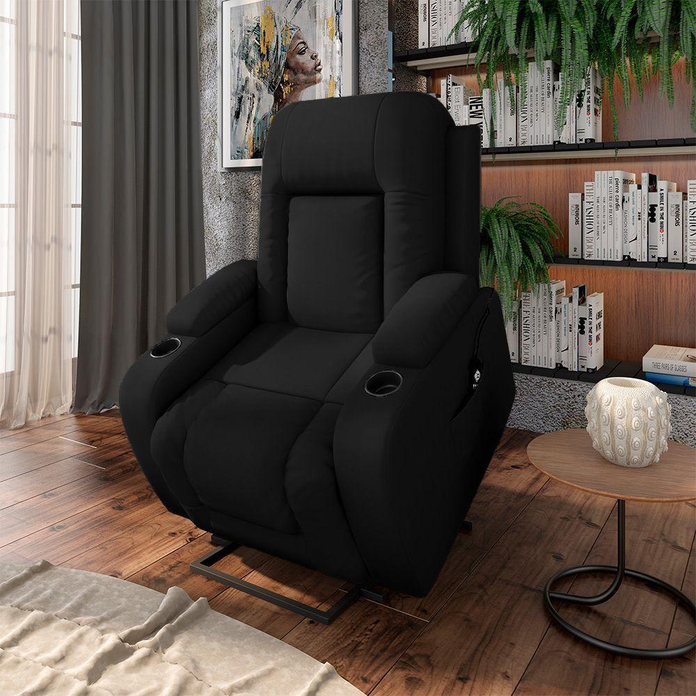Poltrona Reclinável Massagem E Aquecimento Com Elevação Lift 150° 2 Porta Copos Gambon Pu Preto - 1