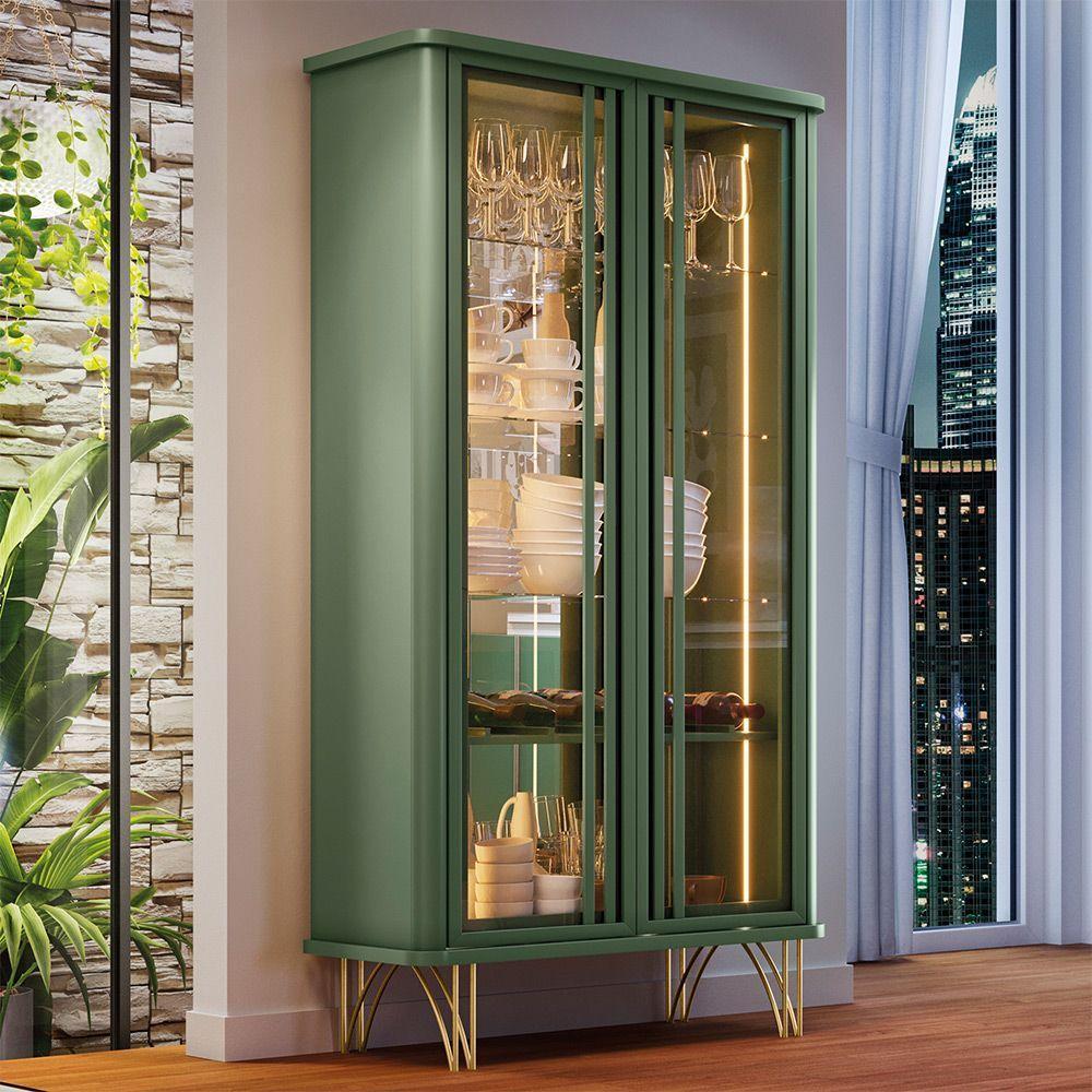 Cristaleira Decorativo Com Led Portas De Vidro Texas Verde Pistache G26 - Gran Belo - 2