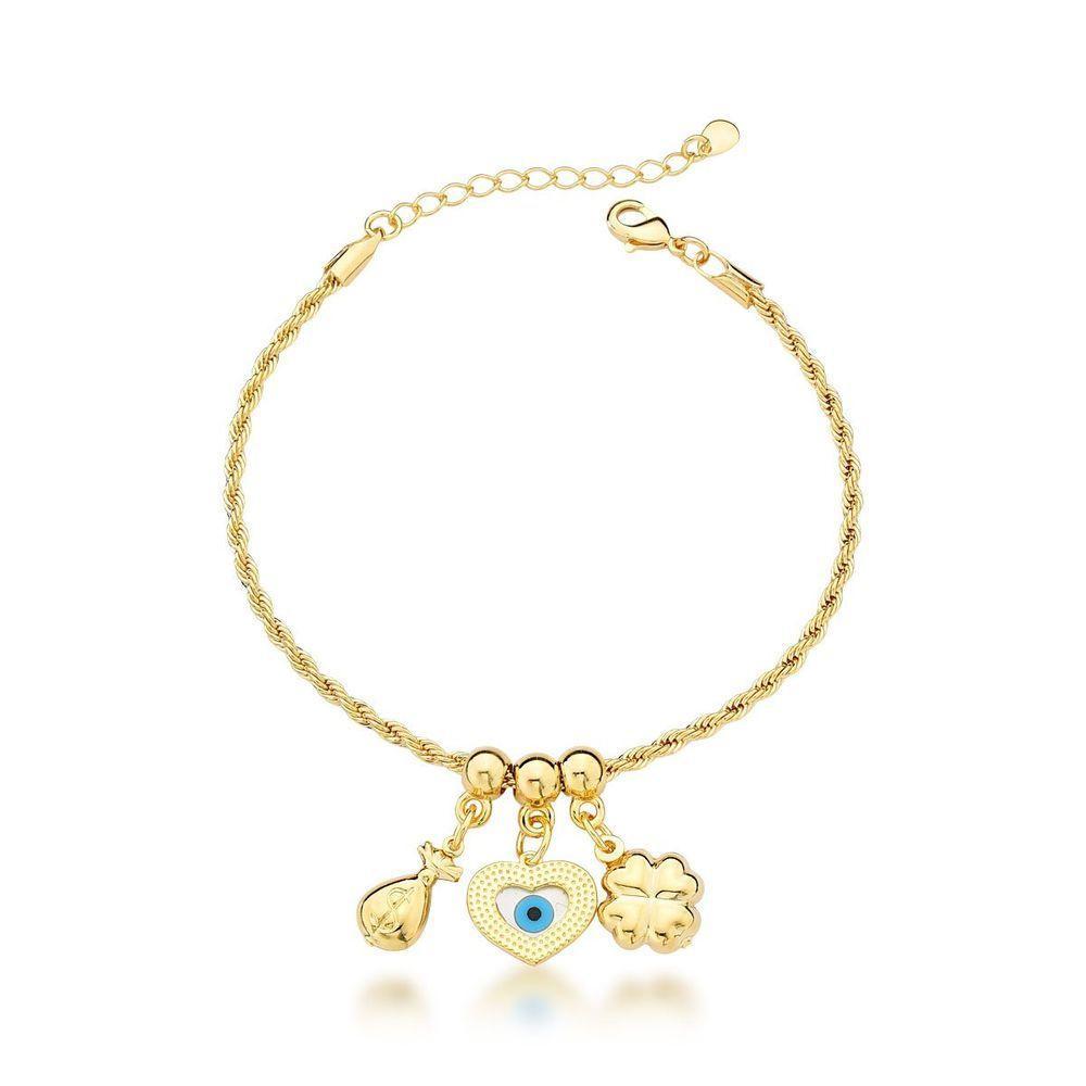 Pulseira Cordão Baiano Com Olho Grego E Trevo Banhado A Ouro 18k - 18cm - 1