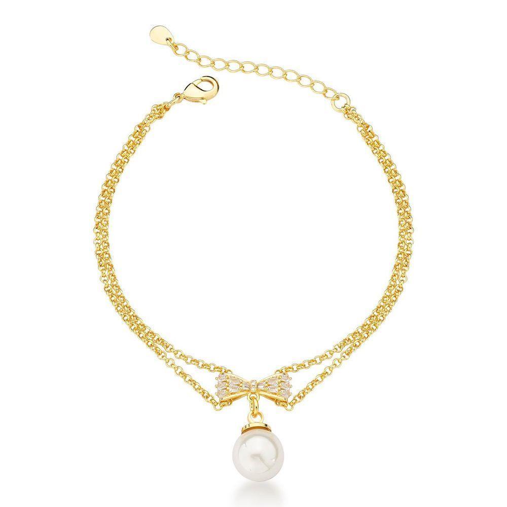 Pulseira Delicada Com Perola Sintética E Zircônio Banhada A Ouro 18k - 1