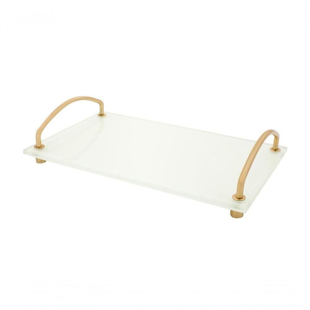 Bandeja Organizadora Bancada Vidro Branco 25x15 Alça Dourada - 1