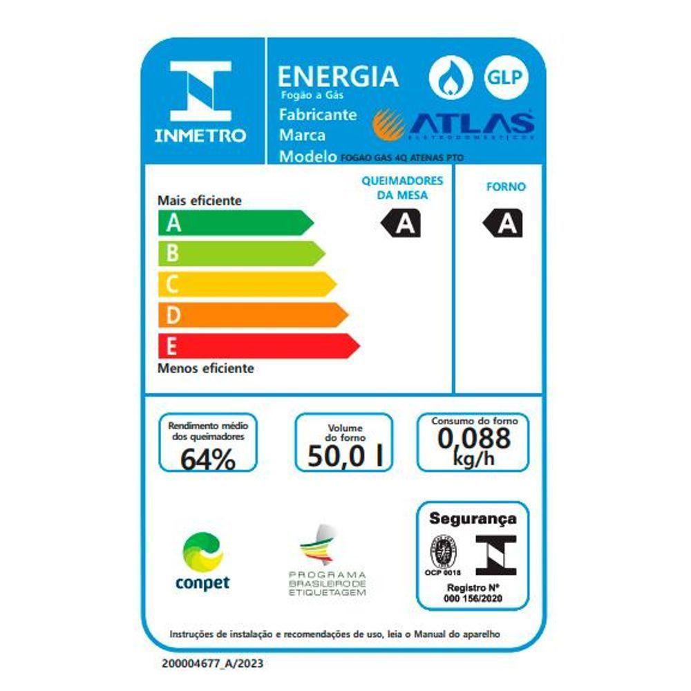 Fogão 4 Bocas Preto Com Mesa Inox Atlas Atenas Bivolt - 6