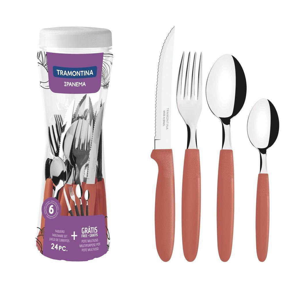 Faqueiro Ipanema Com Lâminas Em Aço Inox E Cabos De Polipropileno Goiaba Com Pote Plástic - 1