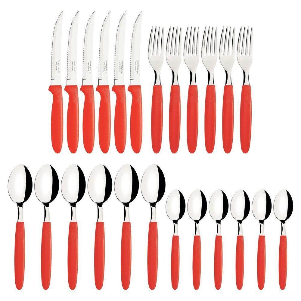 Faqueiro Ipanema Lâminas Aço Inox Cabos De Polipropileno Vermelho Com Pote Plástico 24pçs - 3