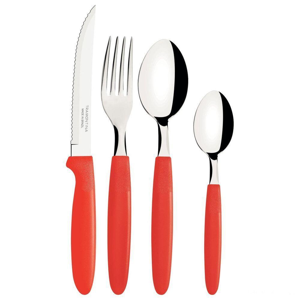 Faqueiro Ipanema Lâminas Aço Inox Cabos De Polipropileno Vermelho Com Pote Plástico 24pçs - 4