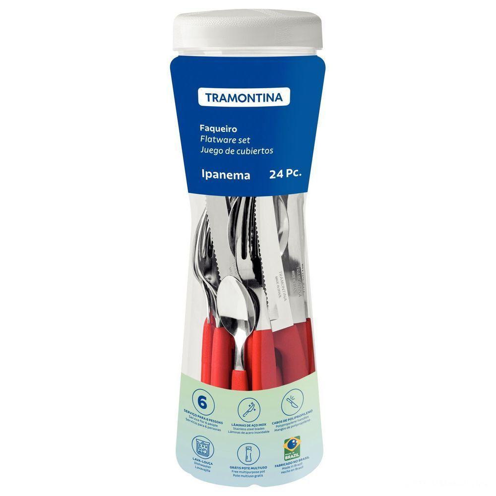 Faqueiro Ipanema Lâminas Aço Inox Cabos De Polipropileno Vermelho Com Pote Plástico 24pçs - 5