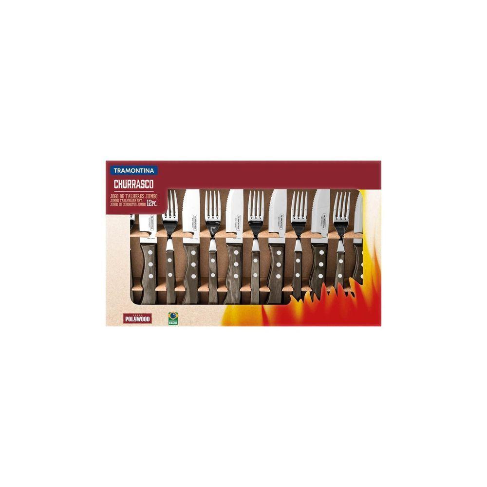 Jogo De Talheres Para Churrasco Jumbo Em Aço Inox Com Cabo Castanho Polywood 12 Peças - 2