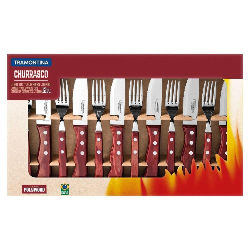 Jogo De Talheres Para Churrasco Jumbo Em Aço Inox Com Cabo Vermelho Polywood 12 Peças - 3
