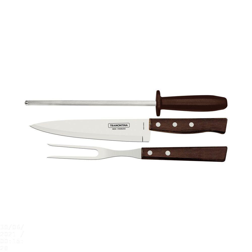 Jogo Para Churrasco Em Aço Inox Com Cabo Marrom Madeira E Polipropileno 3 Peças - 1