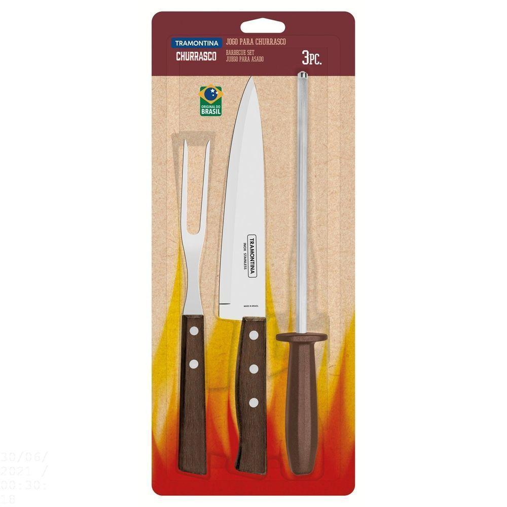 Jogo Para Churrasco Em Aço Inox Com Cabo Marrom Madeira E Polipropileno 3 Peças - 3