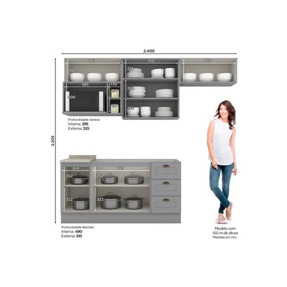 Kit de Cozinha Modulada 7 Peças Americana (3 Aéreos. 2 Balcões, 1 Nicho, 1 Complemento) Cinza - Henn - 5