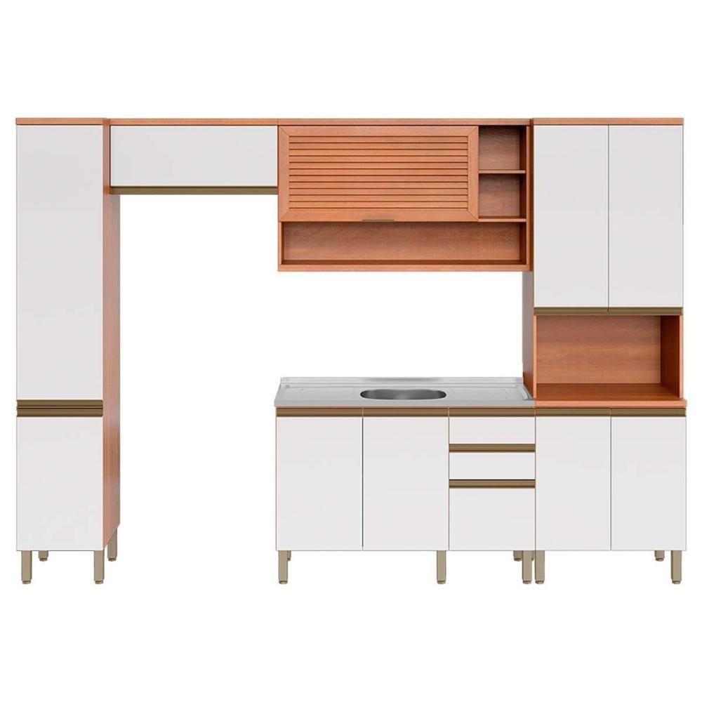 Cozinha Modulada Completa Thela Macadâmia 5 Peças (2Aéreos+1Balcão+2Paneleiros) CZC22 Freijo/Branco - Telasul - 2