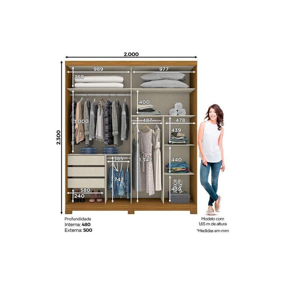 Guarda Roupa Casal 2 Portas de Correr e 3 Gavetas c/ Espelho e Pés Verg Branco - Henn - 2