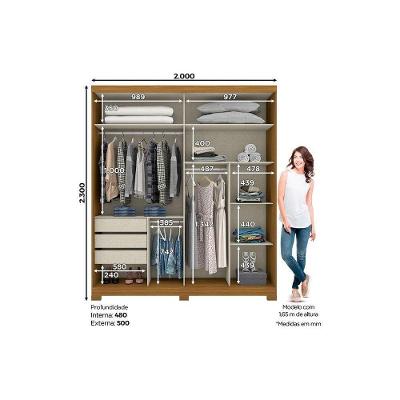 Guarda Roupa Casal Verg 2 Portas de Correr 3 Gavetas Branco Henn