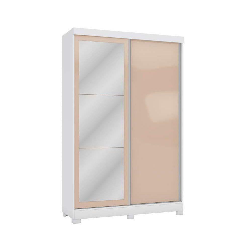 Guarda Roupa Solteiro 2 Portas de Correr e 2 Gavetas c/Espelho e Pés N571 Branco/Macadamia - Kappesberg - 1