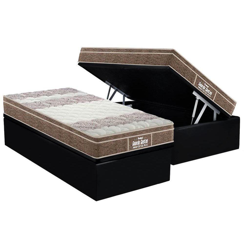 Cama Box Baú Solteiro: Colchão Espuma D33 Probel  / EP Guarda Costas PróIntense Plus + Base CRC Suede Black(88x188) - 1
