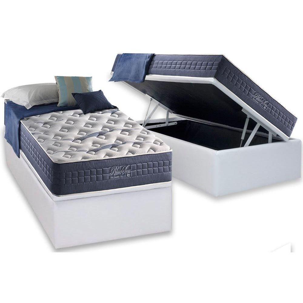 Cama Box Baú Solteiro: Colchão Molas Ensacadas Anjos MasterPocket Bluse Sea + Base CRC Courano White(88x188) - 1