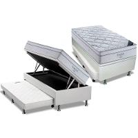 Cama Box Baú c/Auxiliar Solteiro: Colchão Molas Ortobom SuperPocket Freedom Visco + Base CRC Courano Branco(88x188) - 1