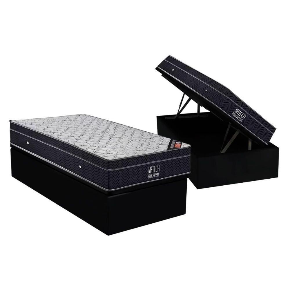 Cama Box Baú Solteiro: Colchão Molas Ortobom Nanolastic Airtech Progressive + Base Crc Suede Black(88x188) - 1