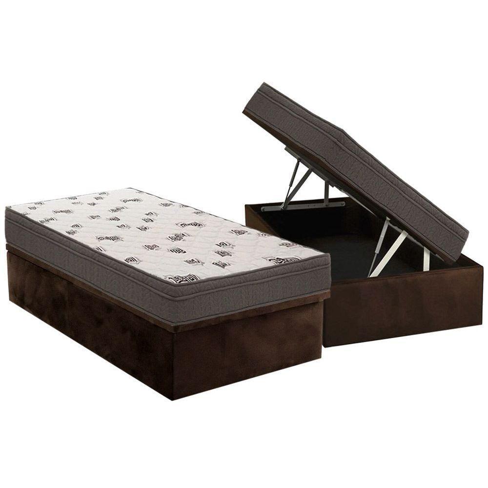 Cama Box Baú Solteiro: Colchão Espuma Ortobom D45 Light + Base CRC Suede Brown(88x188) - 1