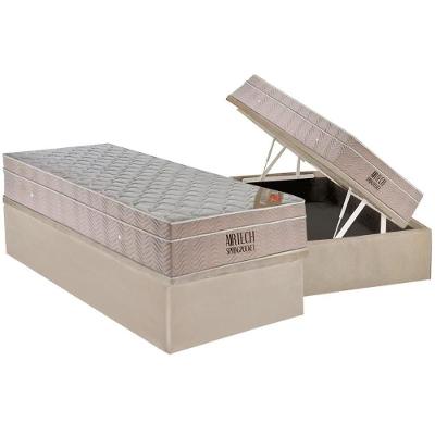 Cama Box Baú Solteiro: Colchão Molas Ortobom SuperPocket Fort Airtech Spring + Base CRC Suede Clean(88x188)