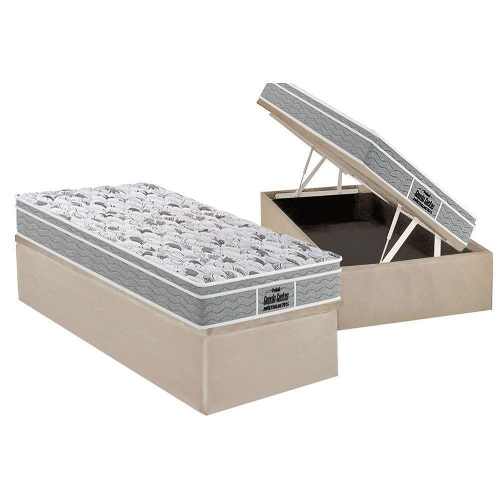 Cama Box Baú Solteiro: Colchão Espuma D45 Probel - Ep Guarda Costas Próextreme Plus + Base Crc Suede Clean(88x188) - 1
