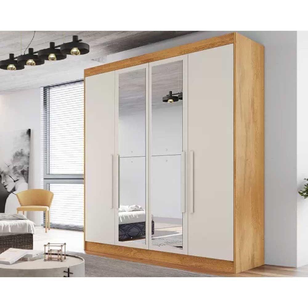 Guarda Roupa Solteiro 3 Gavetas e 4 Portas c/2 Espelho Nantes Peroba/Off White - Europa - 1