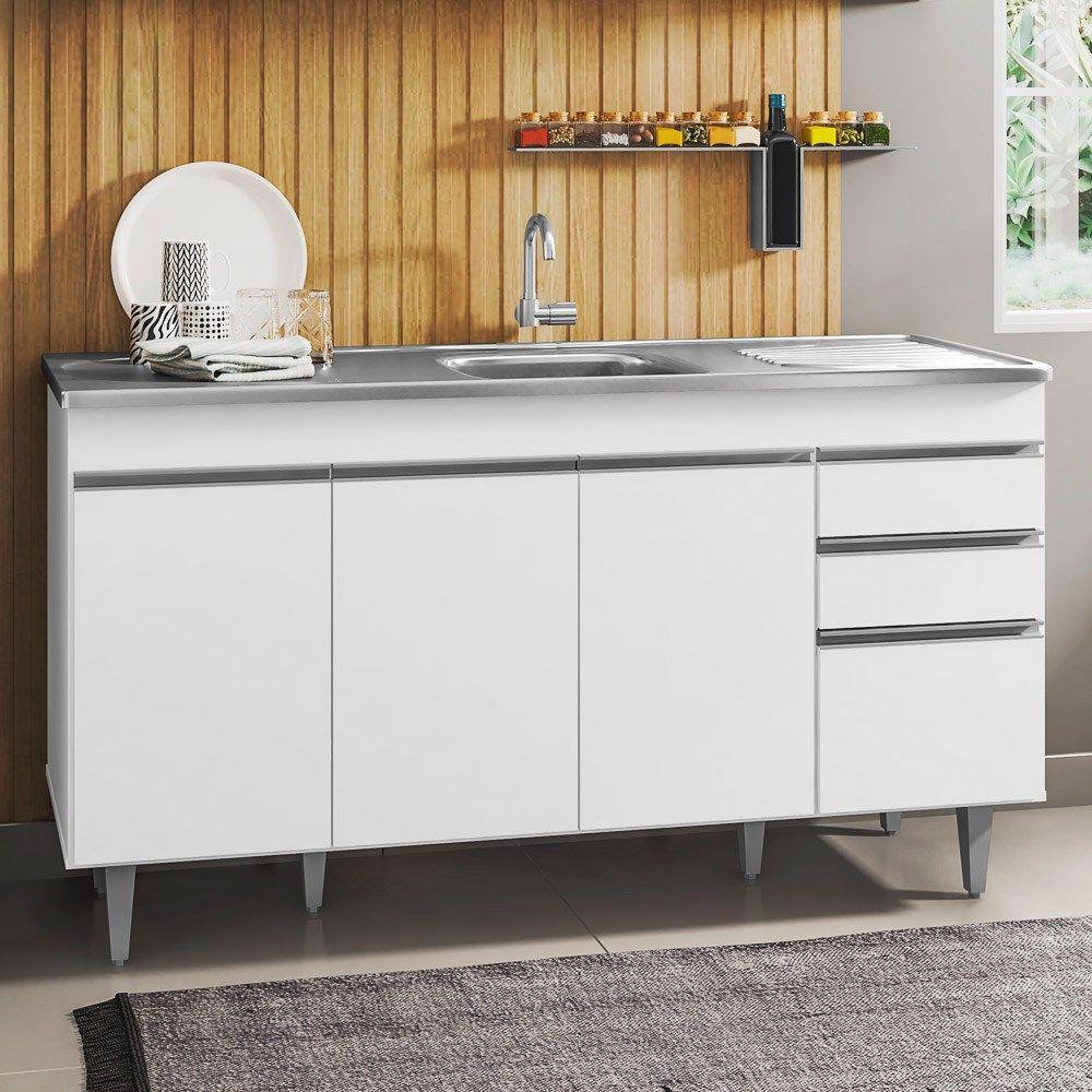 Balcão Gabinete Com Pia Inox 150cm 4 Portas 2 Gavetas Marrocos Branco - Lumil - 1