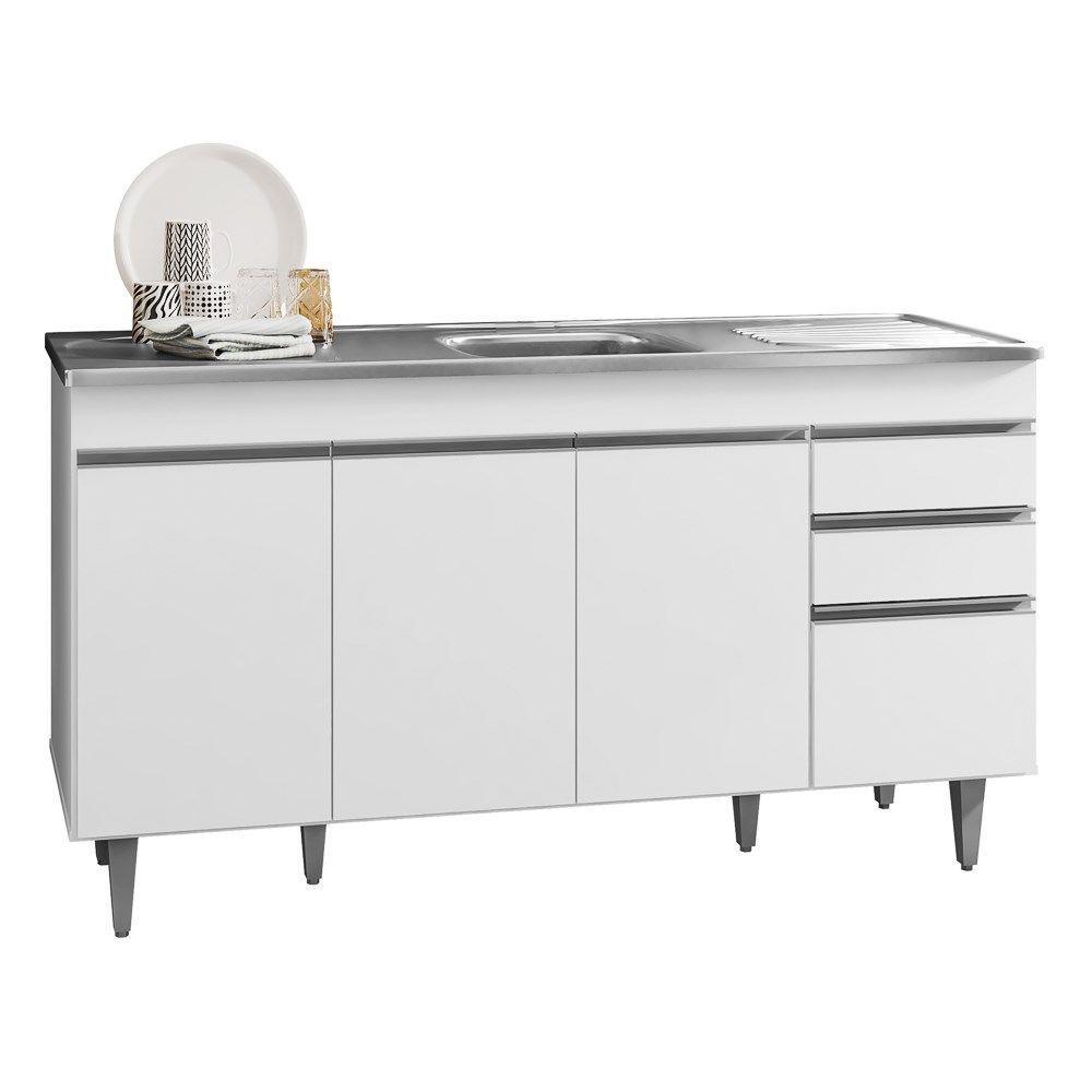 Balcão Gabinete Com Pia Inox 150cm 4 Portas 2 Gavetas Marrocos Branco - Lumil - 3