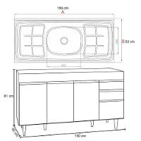 Balcão Gabinete Com Pia Inox 150cm 4 Portas 2 Gavetas Marrocos Branco - Lumil - 5