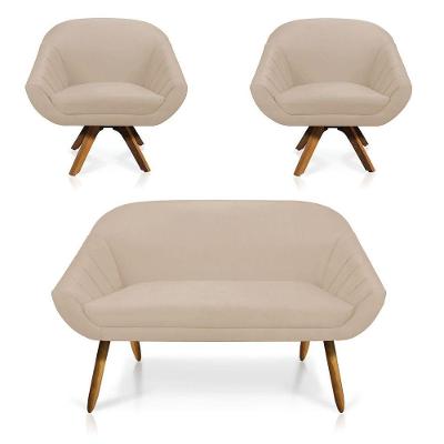 Kit 01 Namoradeira 02 Lugares E 02 Poltronas Giratória Giovana Suede Base Madeira Mm30 D'rossi Bege