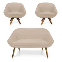 Kit 01 Namoradeira 02 Lugares E 02 Poltronas Giratória Giovana Suede Base Madeira Mm30 D'rossi Bege - 1