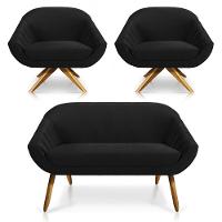 Kit 01 Namoradeira 02 Lugares E 02 Poltronas Giratória Giovana Veludo Preto Base Madeira - 1