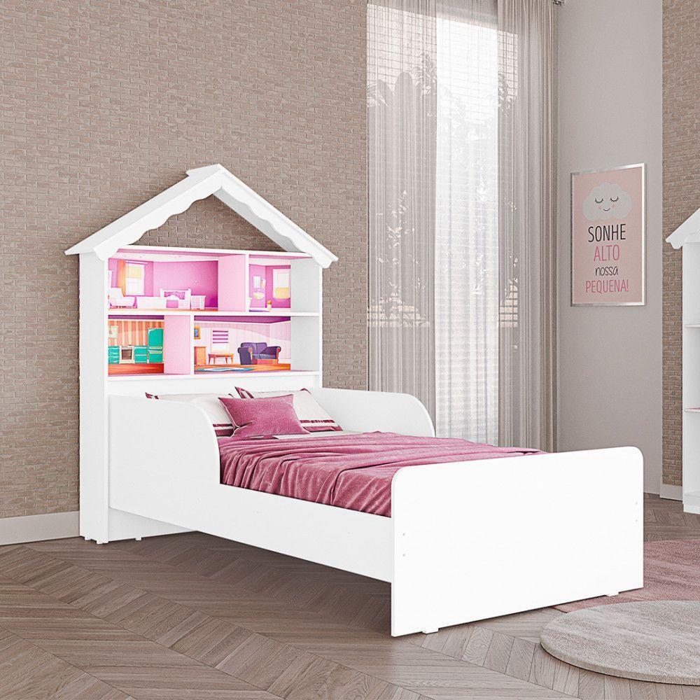Cama Infantil Laura Casa De Boneca Em Mdf Com Proteção Lateral Tuboarte Branco Com Rosa - 1