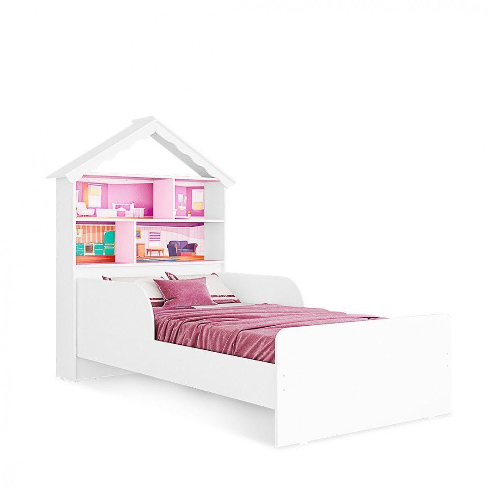 Cama Infantil Laura Casa De Boneca Em Mdf Com Proteção Lateral Tuboarte Branco Com Rosa - 3