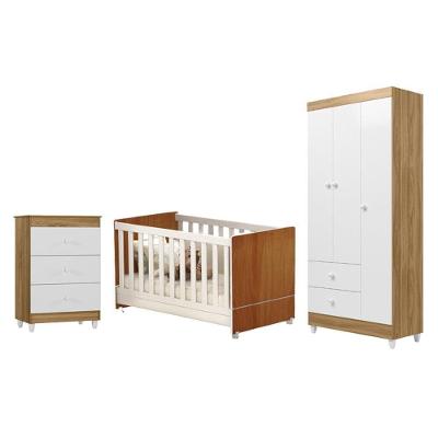 Quarto Infantil Berço Roupeiro Cômoda Nature/Branco