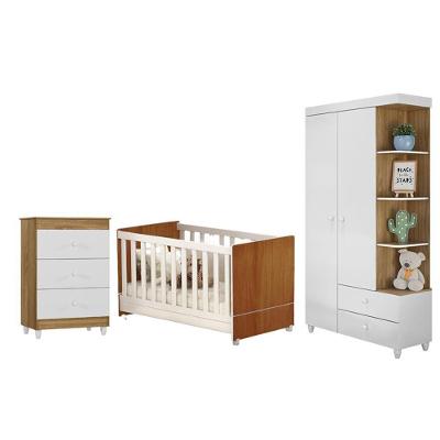 Quarto Infantil Berço, Roupeiro New, Cômoda Nature/Branco