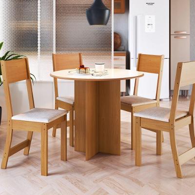 Conjunto Sala Jantar 4 Lugares Mesa Redonda Freijó Off White Cadeiras Linho