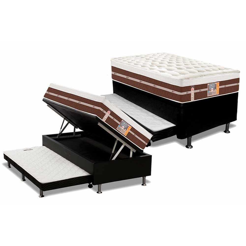 Cama Box Baú c/Auxiliar Solteiro: Colchão Molas Castor Pocket Silver Star Air Híbrido + Base CRC Courano Black(88x188) - 1