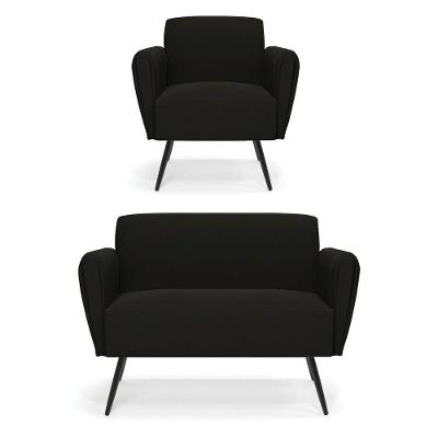 Sofá Namoradeira Com Poltrona Pés Palito De Ferro Bruna Suede Preto - D\'rossi